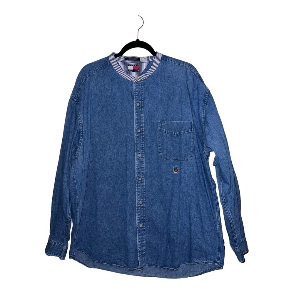 Vintage TOMMY HILFIGER Shirt Blue Button Denim Banded Collar Western Cowboy